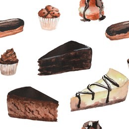 watercolor chocolate desserts seamless pattern