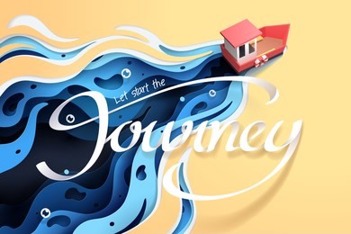 paper art of red boat and the sea, origami and travel concept, vector art and illustration.