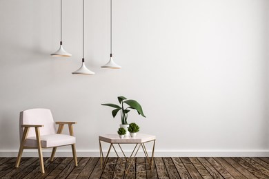 modern living room interior with furniture, decorative plant, lamps, concrete wall and wooden floor. 3d rendering 