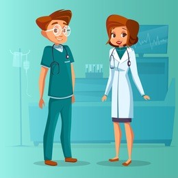  cartoon male female doctor, nurse set. surgeon man in green uniform with stethoscope, physician specialist woman in white. illustration healthcare professional people clinic hospital background