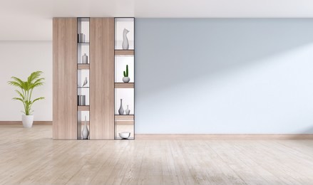empty interior room ,gray wall  with wood shelf and engineered wood flooring ,3d rendering