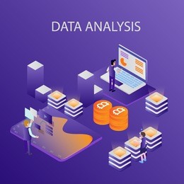 3d infographic business data analysis, landing page template,charts and analyzing statistics with people interacting in a team,for website and mobile website, isometric vector illustration design