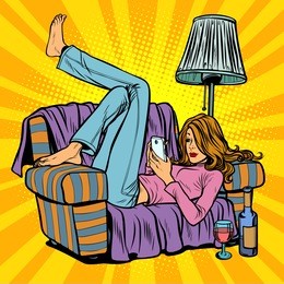 woman lying on the couch and reading smartphone. pop art retro vector illustration kitsch vintage