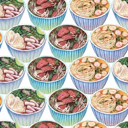 seamless watercolor pattern with vietnamese soup pho. tasty hot fresh asian soup repeating background. hand drawn pattern with bowls of delicious meat soup pho.