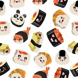 seamless pattern. sushi kawaii. sea food. transparent background. vector hand drawn
