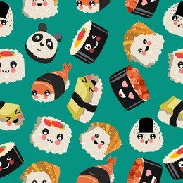 seamless pattern. sushi kawaii. sea food. green background. vector hand drawn