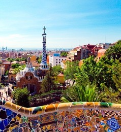 the famous summer park guell over bright blue sky in barcelona, spain