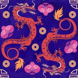 seamless oriental pattern with dragons and orchids, chinese ornament on a watercolor background