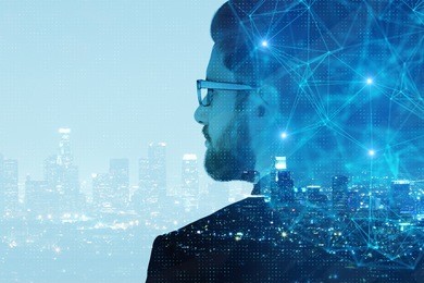 side portrait of handsome young businessman on abstract night city background with copy space and polygonal network. double exposure 