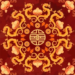 seamless oriental pattern with gold dragons and orchids, chinese ornament on a watercolor background