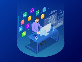 isometric programmer coding new project sitting on computer with command line web development, programming concept banner digital devices programmer creating website writing computer software.