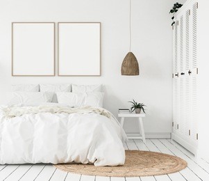 mock-up poster frame in bedroom, scandinavian style, 3d render