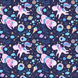hand drawn vector unicorn seamless pattern as a cartoon characters with symbols, objects and lettering