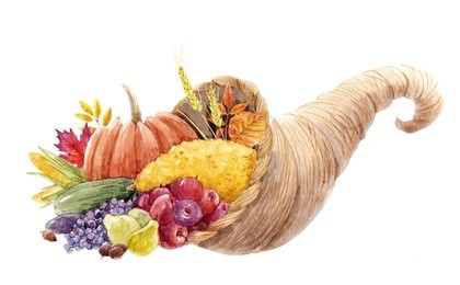 watercolor illustration of cornucopia, symbol of thanksgiving, autumn print, pumpkin, corn, leaves of trees, zucchini, grapes and apples. horn of plenty