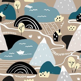 scandinavian graphic illustration seamless pattern with house,trees and mountains. hand drawn vector texture for kids