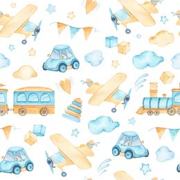 watercolor seamless pattern with boys toys train airplane car cubes clouds isolated on white background. child kid toys illustration