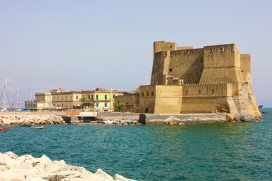 castel dell'ovo (egg castle) a medieval fortress in the bay of naples, italy.