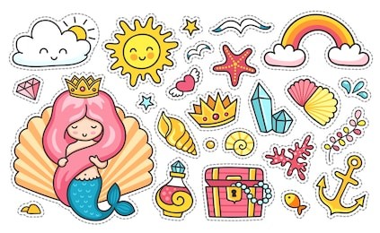 mermaid on the background of a large sea shell. treasures and jewels. set of sea stickers.