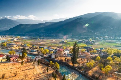 view of pnuakha valley with cloudy sky, punakha, bhutan