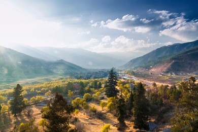 view of pnuakha valley with cloudy sky, punakha, bhutan