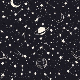 vector space seamless pattern with planets, comets, constellations and stars. night sky hand drawn doodle astronomical background