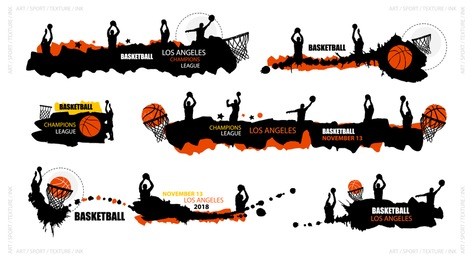 set designs for basketball, abstract banners, brush, grunge style. hand drawing, splash, basketball players, hoop. sports backgrounds for your text.