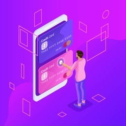 isometric is a bright concept of managing online credit cards, online banking account, man transferring money from card to card using smartphone