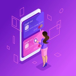 isometric is a bright concept of managing online credit cards, an online bank account, a business lady transferring money from card to card using a smartphone