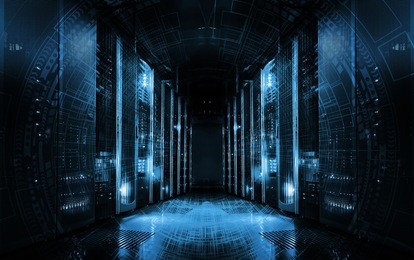 technological background on servers in data center, futuristic design. server room represented by several server racks with strong dramatic light.