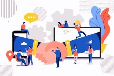 illustrations concept small people creating value of partner business. via handshake deal between company. vector illustrate.