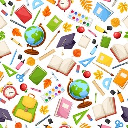 vector seamless pattern with various school supplies on a white background.