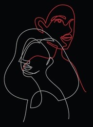 continuous line, drawing of two heads, two faces,  mans and woman, ligt grey and red on black , minimalist ,vector