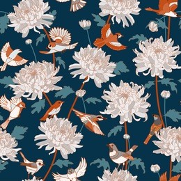 floral background with birds and chrysanthemums vintage pattern. japanese national flower chrysanthemum. illustration luxury design, textiles, paper, wallpaper, curtains, blinds