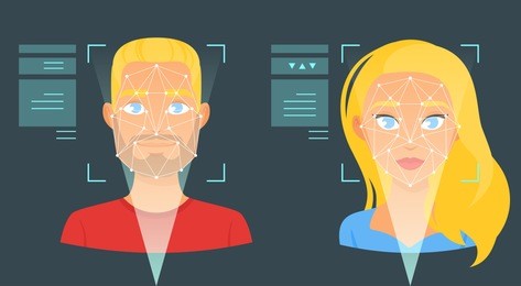 vector cartoon style face biometric identification illustration. concept for web and mobile secure technology, facial identification. man and woman avatar.