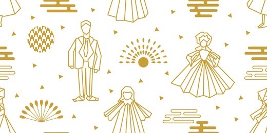 origami people. seamless vector pattern with paper man and women and abstract geometric elements. white and golden print with japanese and chinese paper art motifs.