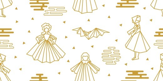 origami people. seamless vector pattern with paper girls and bat and abstract geometric elements. white and golden print with japanese and chinese paper art motifs.