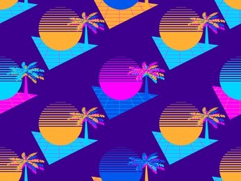 futuristic palm tree and sun seamless pattern. synthwave retro background 1980s style. retrowave. vector illustration