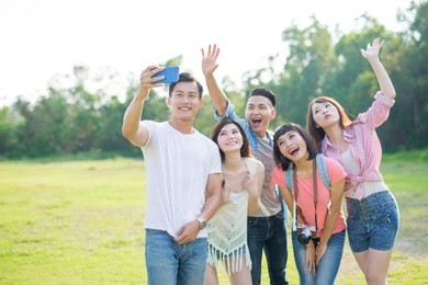 people selfie happily in the outdoor and go travel
