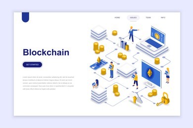 blockchain modern flat design isometric concept. cryptocurrency and people concept. landing page template. conceptual isometric vector illustration for web and graphic design.