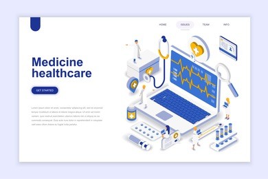 medicine and healthcare modern flat design isometric concept. pharmacy and people concept. landing page template. conceptual isometric vector illustration for web and graphic design.