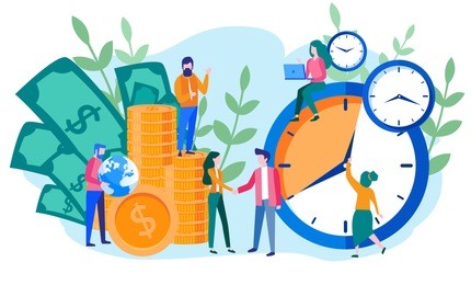 concept save time, money saving. times is money. business and management,  piggybank, time is money, financial investments in stock market future income growth, time management planning, deadline. 