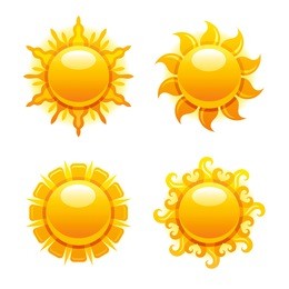 vector illustration eps10 isolated on white background. realistic travel symbol, solar weather season design, 3d elegant hot sun, sunbeam beam. cartoon cute sea beach icon set, happy morning flat sign