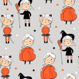cute kids in halloween costumes. colored vector seamless pattern. grey background