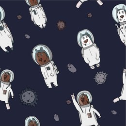 hand-drawn vector seamless pattern with cute funny bears astronaut on a spacewalk. isolated objects. the design concept for children. notebooks, labels, diary, accessories-school.