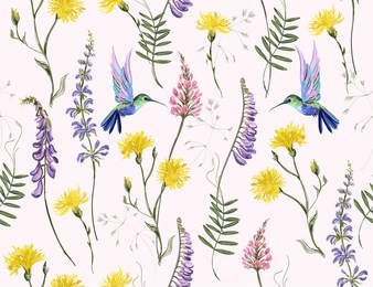 beautiful botanical floral meadow background with hand drawn flowers hummingbirds for textile, fabric, covers, wallpapers, print, gift wrap,scrapbook in watercolor stile. isolated on white background.