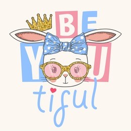 cute rabbit girl face with bow, crown, glittering sunglasses. beautiful slogan