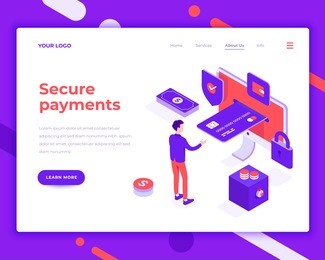 secure payment people and interact with card. landing page template. 3d isometric vector illustration.