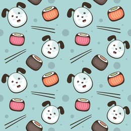 seamless vector pattern with cute cheerful dog and seafood rolls. funny cartoon character. template for sushi bar decoration, textile and wrapping. japanese menu.
