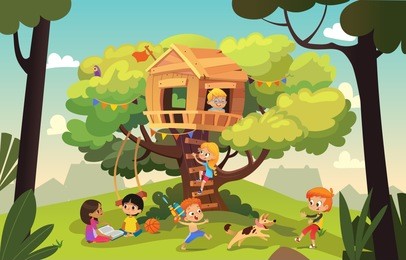 happy multiracial boys and girls playing and having fun in the treehouse, kids playing with dog, and watering gun, reading book and climb ladder in the neighborhood. detailed vector illustration.