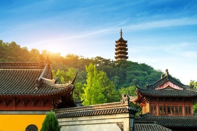 jiaoshan scenic area temple and pagoda, zhenjiang, china.